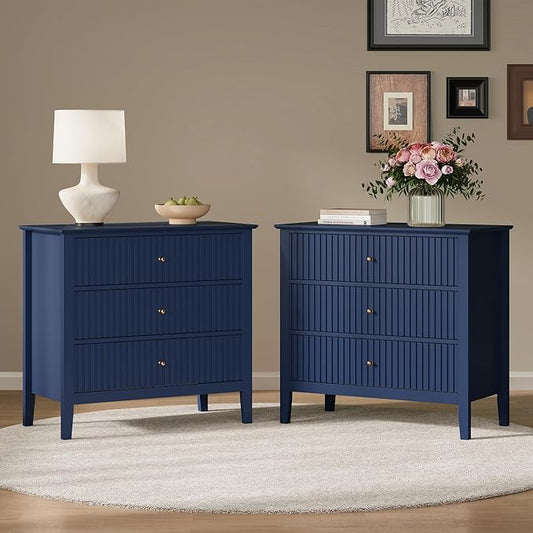 RoyalCraft 32" Large Nightstand Set of 2, Fluted Painted Bedside Table with 3 Spacious Drawers, Modern Tall End Table for Bedroom, Blue