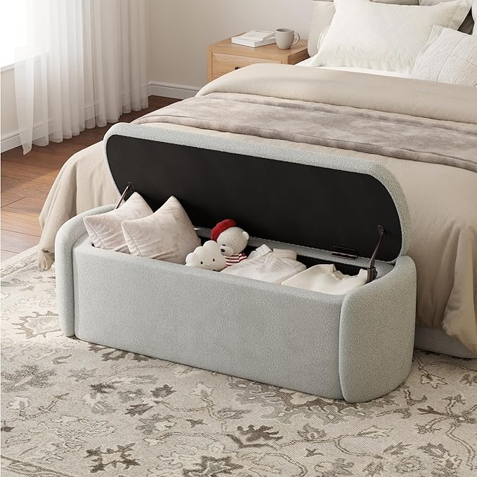 VKNOW 51" Storage Ottoman Bench, Upholstered End of Bed Bench with Smooth Hinges, Oval Large Ottoman Bench for Bedroom, Living Room and Hallway Entryway, Grey