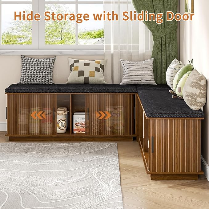 L-Shape Storage Bench with Cushion, Walnut Corner Dining Bench with Hidden Storage, Fluted Breakfast Nook Bench for Dining Room, Kitchen, Entryway, Cloakroom