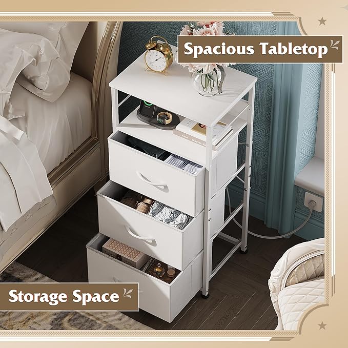 WLIVE Nightstand with Charging Station, 31.9" H Nightstand with 3 Fabric Drawers, LED Bedside Table with USB Ports and Outlets, End Table for Dorm, Bedroom, Entryway, White