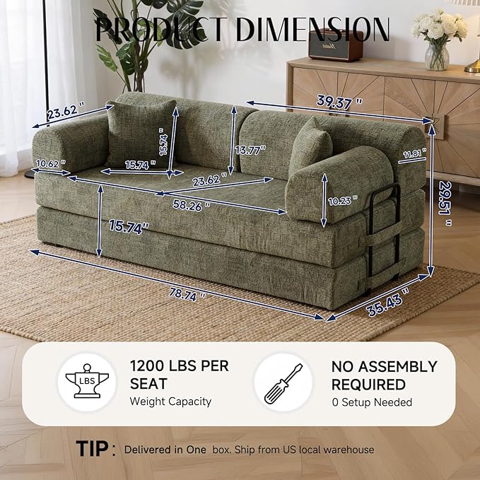78.8" Convertible Sofa Bed with Detachable Arm Pillow, 6-in-1 Sectional Couches for Living Room, Corduroy Boneless Couch, Sleeper Loveseat Couch Bed, No Assembly, Moss Green Couch