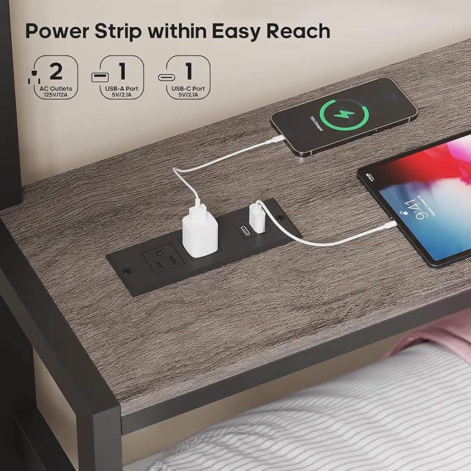 BTHFST Full Over Full Bunk Beds with 4 Storage Drawers & Shelves & Bedside Caddy, Bunk Bed with Charging Station & LED Lights, Full Size Bunk Bed with Safety Guardrail & Angled Ladder, Black & Grey