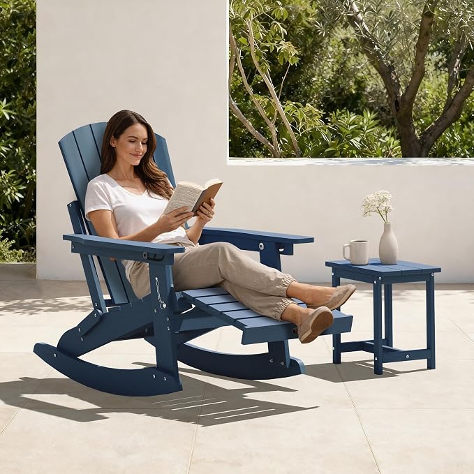 Adjustable Adirondack Rocking Chair Set of 4 with Retractable Ottoman Footrest, 4-in-1 Foldable HDPE Outdoor Rocker, Weather Resistant Adirondack Chair for Porch, Garden & Poolside, Navy Blue