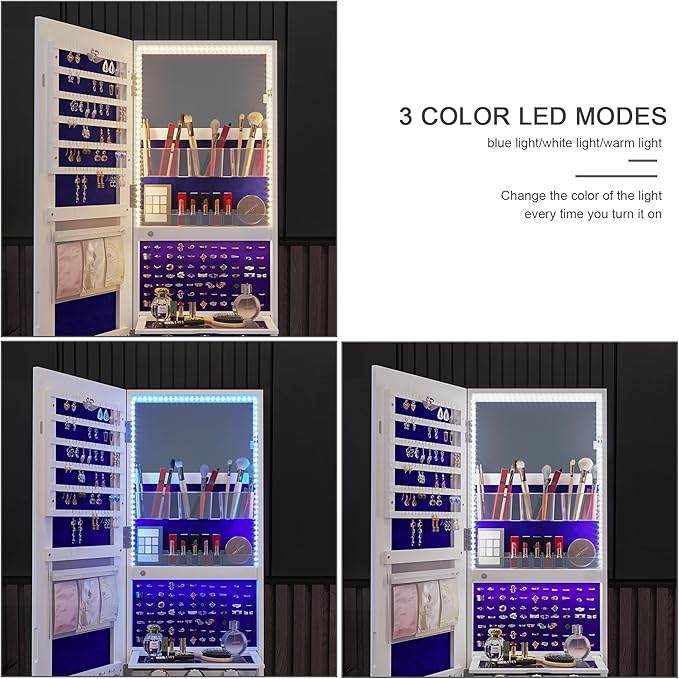 HNEBC LED Light Jewelry Organizer Mirror 360° Rotating, Jewelry Armoire with Door Mirror, Full Length Mirror Jewelry Cabinet, Mirror with Jewelry Storage, Large Jewelry Boxes & Organizers（B_White）