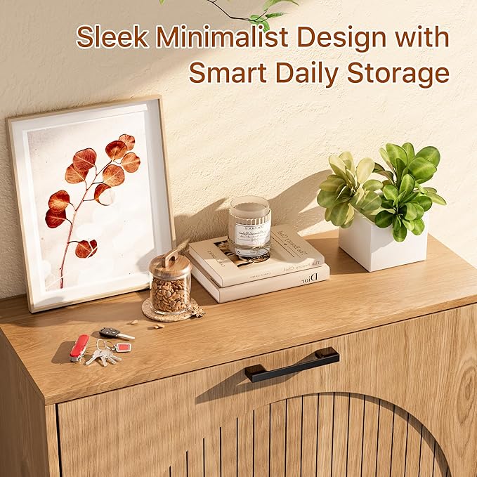 Farmhouse Shoe Cabinet Storage for Entryway, Slim Shoe Rack Cabinet with 2 Flip Drawers, Narrow Shoe Organizer Cabinet with Stylish Round Panel, Metal Leg and Handle