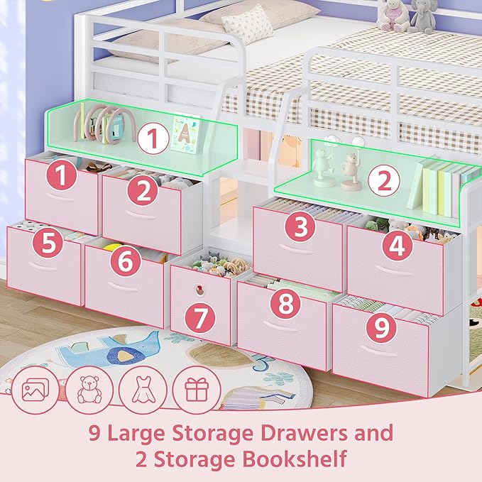 Dnxao Low Loft Bed Full Size with 9 Storage Drawers, Metal Kids Full Size Loft Bed Frame with Bookcase LED Lights & Charging Station, Space-Saving Under-Bed Secret Play Fort Bedframe, White