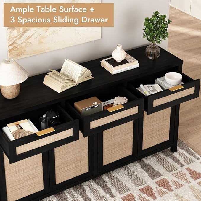HOKYHOKY 2 Piece Rattan Sideboard Buffet Cabinet, Boho Storage Cabinet with Adjustable Shelves, Farmhouse Credenza Coffee Bar Cabinets with Doors & Drawers for Living Room, Hallway&Kitchen