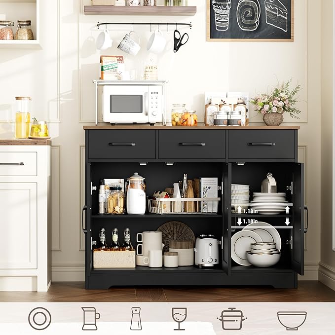 HOSTACK Modern Farmhouse Buffet Sideboard Cabinet, Barn Doors Storage Cabinet with Drawers and Shelves, Wood Coffee Bar with Storage for Dining Room, Kitchen, Living Room, Black/Rustic Brown