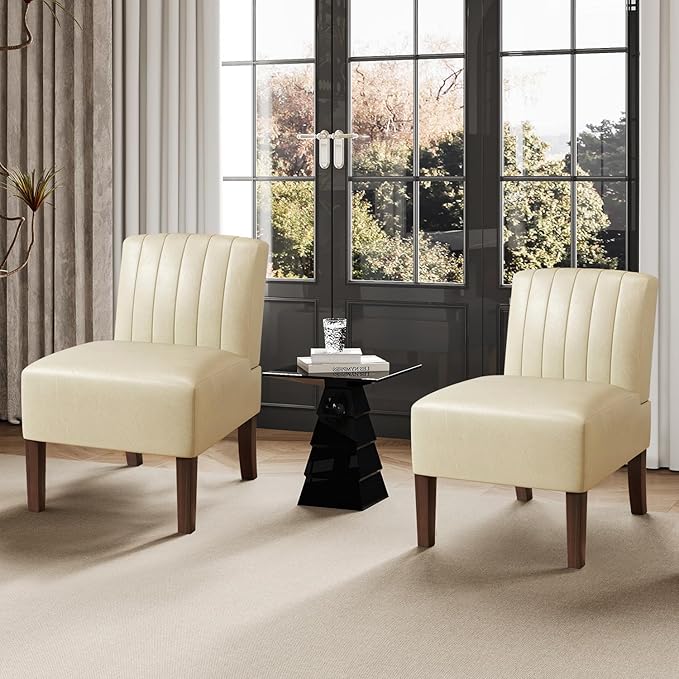 Armless Accent Chairs Set of 2 Upholstered Dining Chairs Living Room Chairs with Solid Wood Legs Bedroom Chair Leather Reading Chair Comfy Chair for Bedroom Vanity Kitchen (Beige)