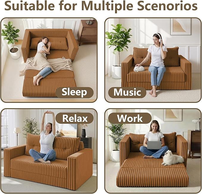 HABUTWAY 41.3" Loveseat Boneless Couch, 4-in-1 Convertible Sofa Bed, Plush Fur Folding Futon Sofa Bed Couches with a Pillow for Living Room, High-Density Foam Support, No Assembly Required, Orange