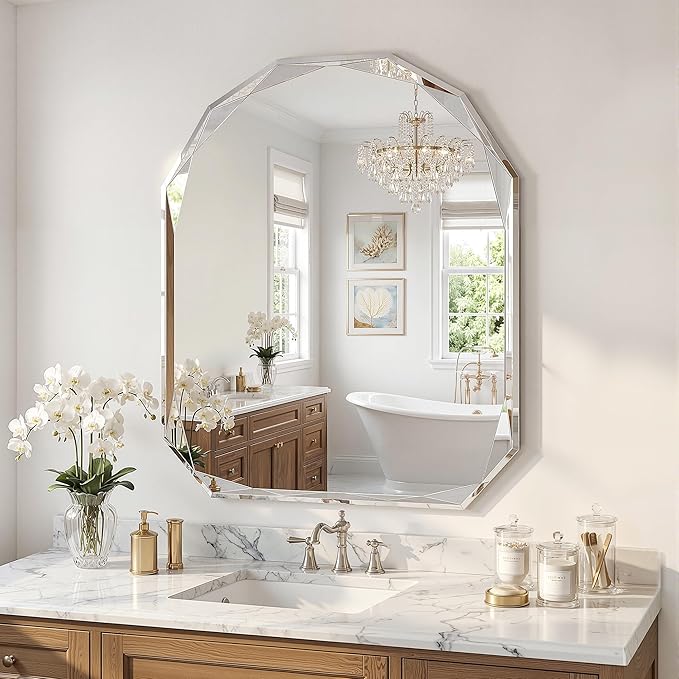 Suidia Bathroom Mirror, 30"x 36" Wall Mirror, Frameless Bathroom Mirror with Beveled Edge for Bedroom, Living Room, Entryway, Hallway, Arched Shape