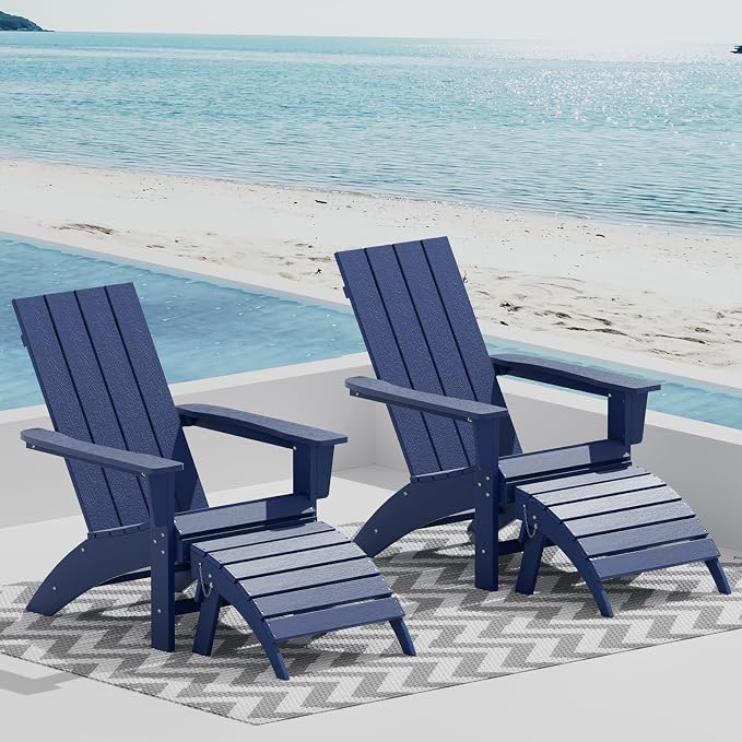 Folding Adirondack Chair with Ottoman Weather Resistant Foldable Fire Pit Chairs with Footrest HDPE Outdoor Adirondack Chair for Patio Front Porch Pool Garden Deck Fire Pit Outside, Navy Blue