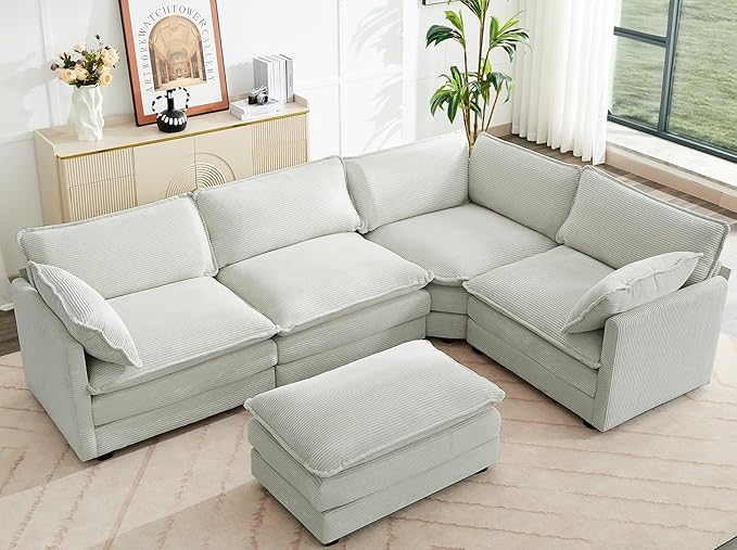 ROWHY 113'' Sectional Cloud Couch, 5 Seater Modular Corner L Shape Sofa Big Comfy Corduroy Oversized Couch with 2 Pillows Movable Ottoman, Deep Seat Sectional Couches for Living Room Office Light Grey | Pet-Friendly Fabric