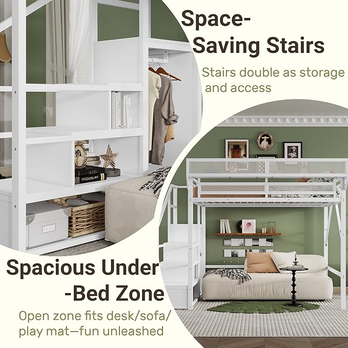 Mirightone Queen Size Loft Bed with Stairs and Storage, Metal Loft Bed Frame with Bedside Shelf and Large Under-Bed Space, Heavy-Duty Loft Beds for Adults Teens and Kids, Convertible Staircase, White