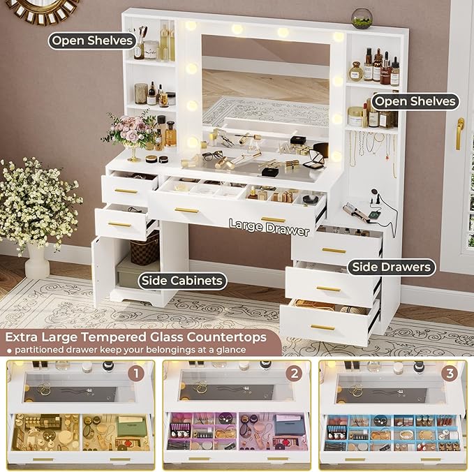 Hasuit 48.8'' Large Vanity Desk with Lighted Mirror & Power Outlet, White Makeup Vanity Table with 6 Drawers, 4 Shelves and 1 Storage Cabinet, Glass Tabletop Bedroom Dressing Table, 3 Lighting Modes