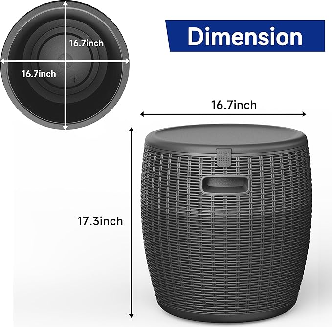 EasyUp 9.5 Gallon Outdoor Cooler Table, Wicker Round Ice Bucket for Parties, Rattan Bar Table with Top Lid Side Handles Drainage Plug, Beer Wine Cooler Side Tables for Patio, Poolside, Deck, Black