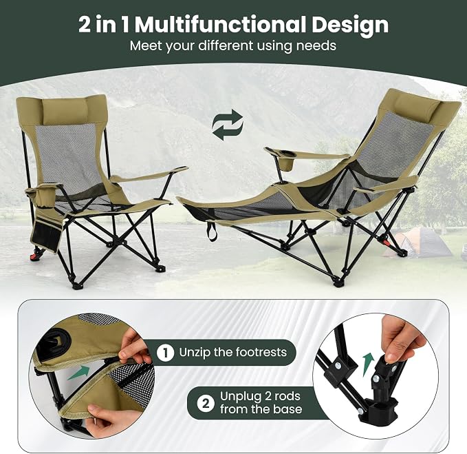 Tangkula Reclining Camping Chair, 2 in 1 Porable Folding Lawn Chair with Removable Footrest, 4-Position Adjustable Backrest, Cup Holder & Side Pocket, Carry Bag (1, Green)