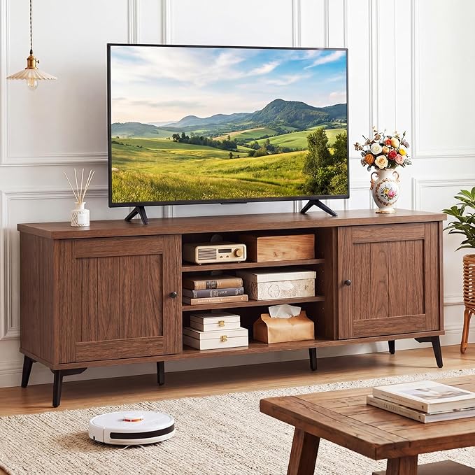 Giantex 2-Door TV Stand for TVs up to 65", Mid Century Modern Entertainment Center with 2 Storage Cabinets & 4 Adjustable Shelves, 6 Metal Legs, Media TV Console Table for Living Room (Walnut)