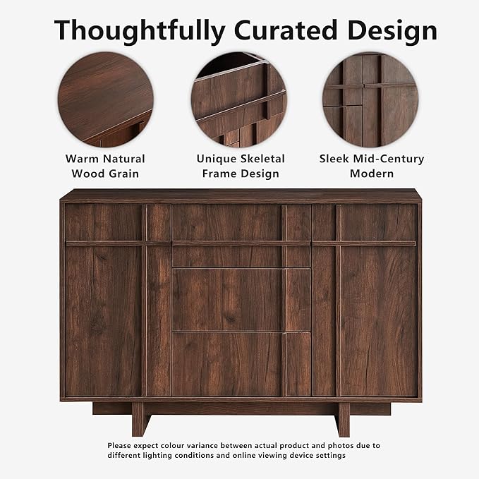 Sideboard Buffet Cabinet with Storage, 47.2" Large Sideboard with 2 Doors& 3 Drawers, Mid Century Modern Credenza with Skeleton line&Wood Grain for Living Room, Kitchen and Entryway, Walnut