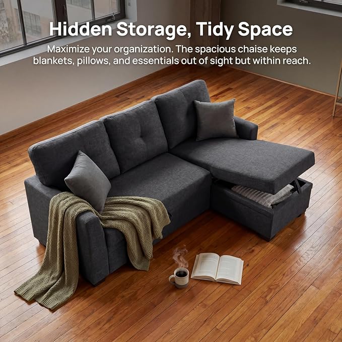 Convertible Sofa Bed, L Shape Sleeper Sofa with Reversible Storage Chaise, Tufted Fabric Sectional Sleeper Sofa with Pull Out Bed for Small Space, Living Room, Apartment, Charcoal Black