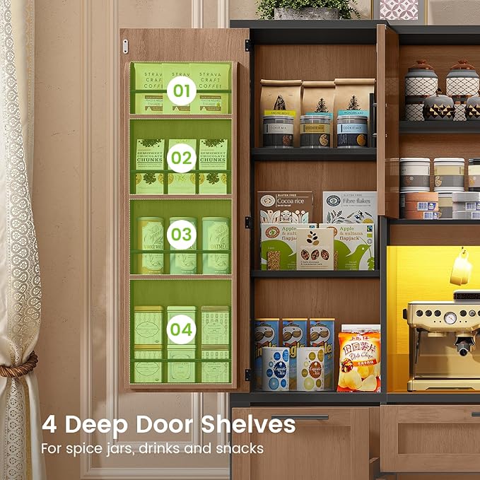 Itaar 71" Kitchen Pantry Cabinet with Charging Station and Led Light, Kitchen Storage Cabinets with Microwave Stand, 59" Wide Pantry Storage Cabinet with Storage Cart 3 Tier for Dining Room, Brown