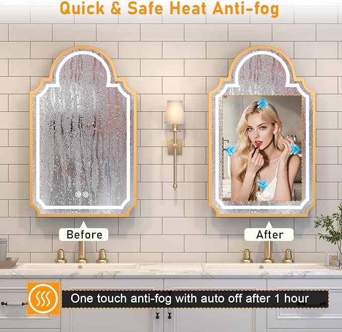 20"x32" LED Medicine Cabinet with Mirror, Recessed or Surface Mount Medicine Cabinets for Bathroom, Full Metal, Decorative Art Arched Mirror with Storage, 2 Shelves and 1 Organizer Box, Bling Gold