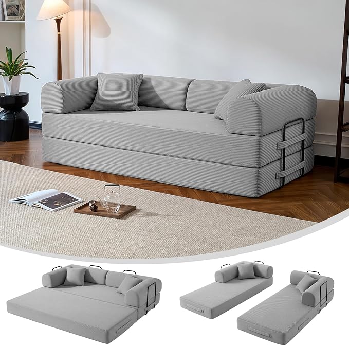 79" Compressed Sofa, Convertible Sofa Bed, Corduroy Compression Boneless Couch with Pillow, Comfy Modular Foldable Floor Sleeper Sofa for Bedroom, Living Room, Lounge, Studio (Light Gray)