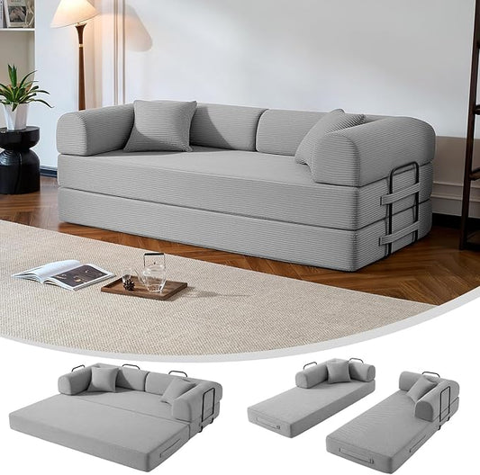 79" Compressed Sofa, Convertible Sofa Bed, Corduroy Compression Boneless Couch with Pillow, Comfy Modular Foldable Floor Sleeper Sofa for Bedroom, Living Room, Lounge, Studio (Light Gray)