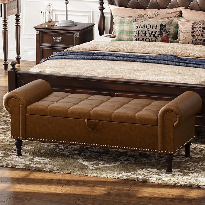 Apicizon 51” Bench with Storage, Upholstered Tufted Button Bedroom Bench with Storage, Faux Leather Ottoman Bench for Bedroom, Living Room, Entryway, Yellow Brown