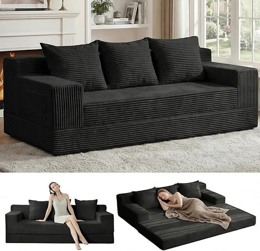 Erament 3 Seater Boneless Couch Sofa Bed, 78'' Corduroy Oversized Loveseat Folding Sofas Bed, Compression Convertible Futon Floor Couch Sofa Beds with 3 Pillows for Living Room Bedroom Apartment