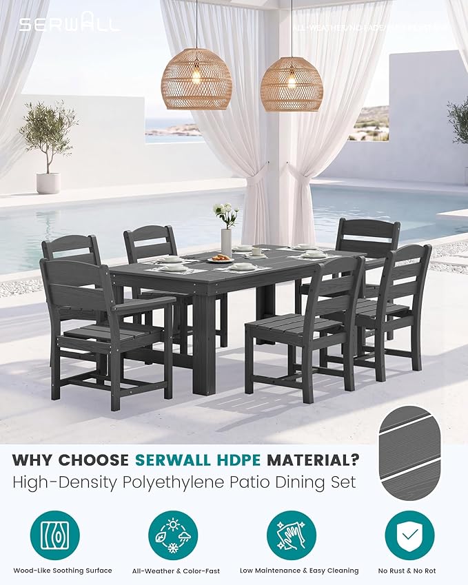 SERWALL Outdoor Dining Table Set, 67‘’ HDPE Patio Dining Set for 4, All-Weather Outdoor Table and Armless Chairs Set for Deck, Grey