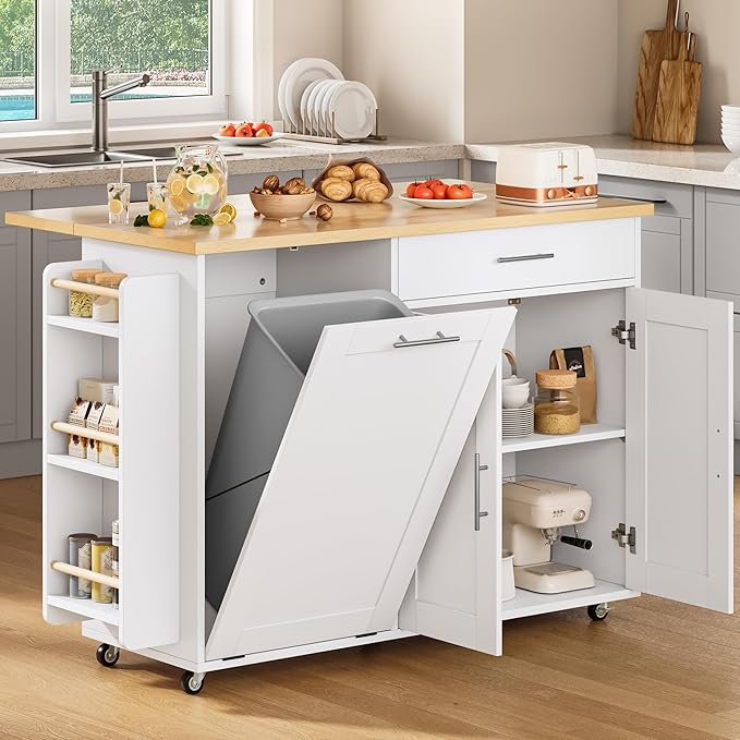 OtterOasis Rolling Kitchen Island with Hidden Trash Can Storage, Kitchen Island on Wheels with Storage, 3-Tier Spice Rack, Towel Rack&Drawer, Mobile Portable Island for Kitchen, White