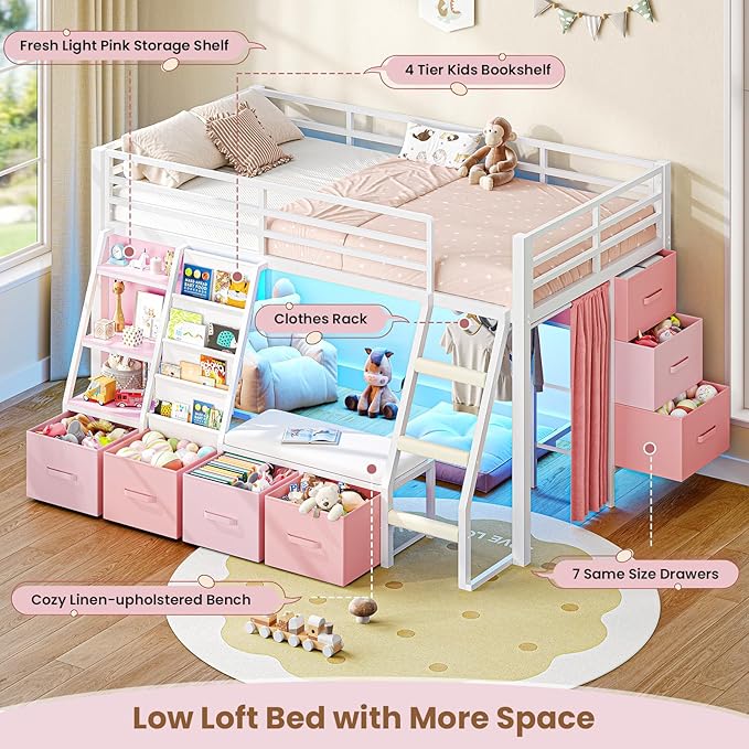 MSmask Low Loft Bed with 7 Storage Drawers & Reading Nook, Kids Twin Loft Bed with Bookshelf, LED Lights & Safety Guardrail, Loft Bed Twin Size with 35.8''H Play Space, Inclined Ladder, White & Pink