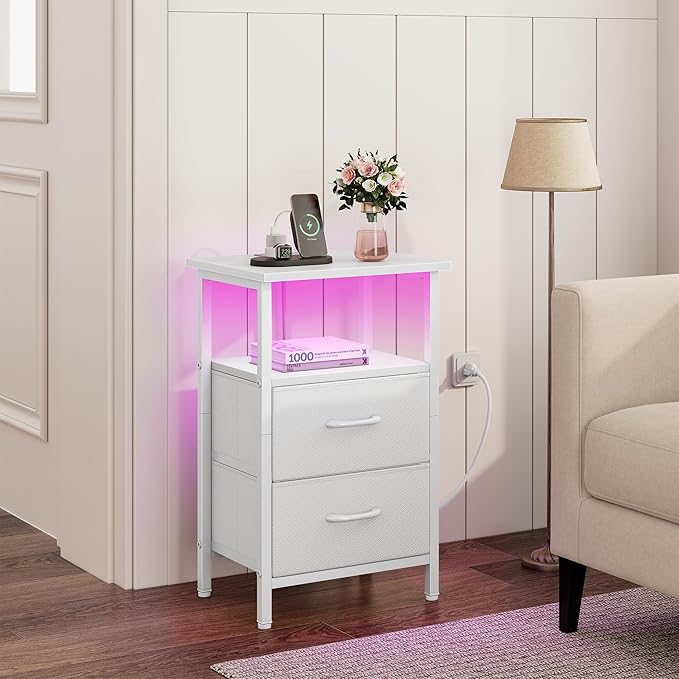 Vagusicc White Night Stand with Charger Station, LED Nightstand with 2 Fabric Drawers, Bedside Table with USB Ports and Outlets, Bed Side Tables with Storage Shelf, 24.2" Tall Nightstand for Bedroom
