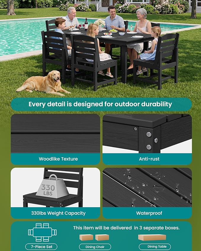 SERWALL Patio Dining Sets for 6 Person, HDPE Dining Set with 6 Armless Chairs, Black