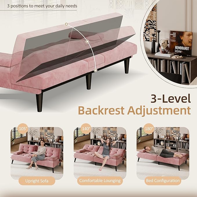Shintenchi Futon Sofa Bed, Velvet Foldable Couch, Reclining Sleeper with Removable Armrests, Upholstered Loveseat Sofa Couch with Folding Cup Holders for Office, Home, Pink
