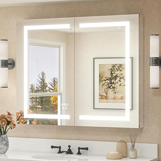 TETOTE Lighted Medicine Cabinet Mirror for Bathroom 40 x 32 LED Mirrored Medicine Cabinet with 3-Color Lights, 2 Door Tempered Glass Recessed or Surface Mount Cabinet, Outlets & USB, Adjustable Shelf