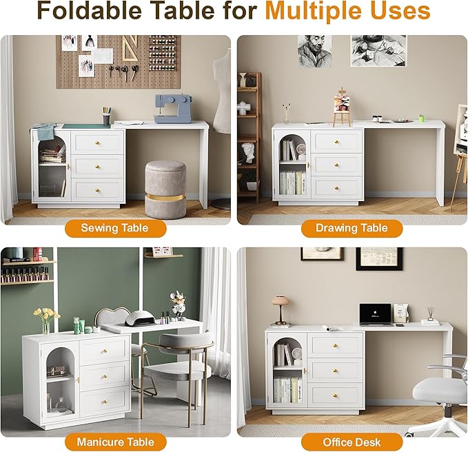 RoyalCraft 59” Makeup Vanity Desk, White Vanity Dresser Combo, Modern Dressing Table with 3 Drawer & 1 Door, Vanity for Bedroom, L Sharped Corner Table for Working, Drawing, Nail Care (Without Mirror)