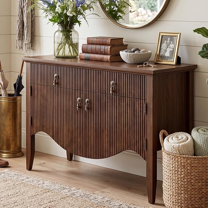 FUSUNBAO 40" Retro Buffet Cabinet with Storage, Fluted Sideboard Credenza with Drawer, Accent Bar Cabinet for Living Room Furniture, Coffee Bar or Entryway, Dining Room, Walnut