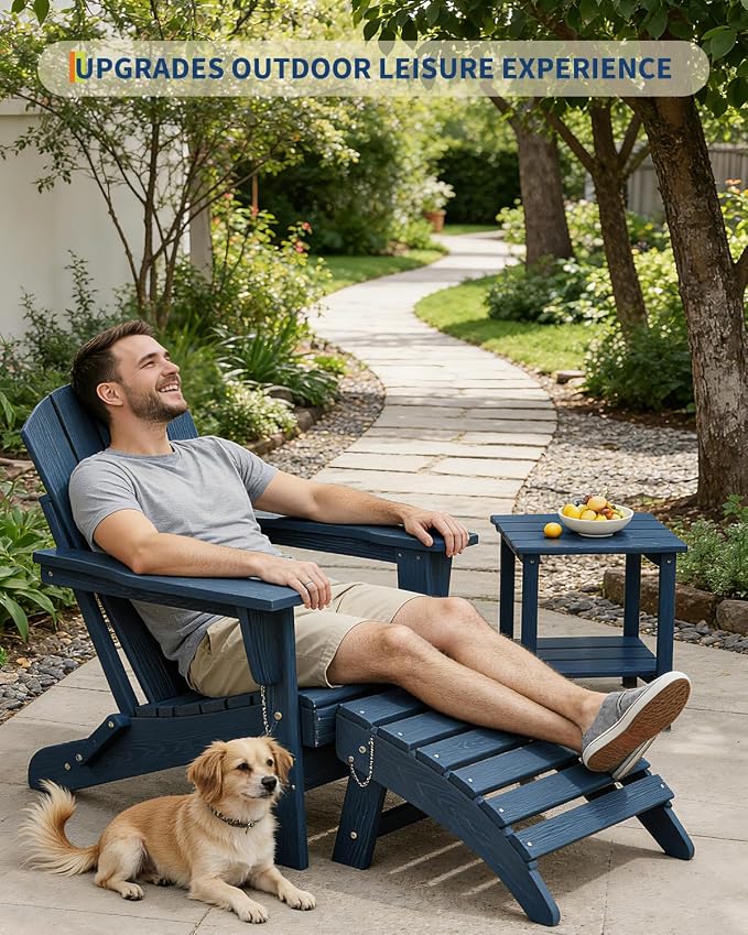 GarveeLife Folding Adirondack Ottoman Set of 2 for Adirondack Chair, HDPE All-Weather Footrest for in/Outdoor Patio Deck Backyard, Navy Blue