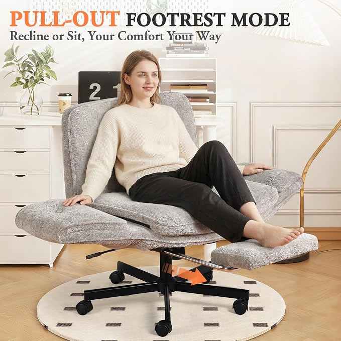 Criss Cross Chair with Footrest & 5 Level Folding Arms Full Relaxation, Wide Cross Legged Office Chair for Home Office, Comfy Swivel Desk Chair with Ottoman, Chenille Vanity Chair (Grey)