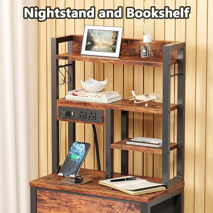Furnulem Tall Night Stand, LED Nightstand with Charging Station and USB Ports, 4 Fabric Drawers and 4 Tier Storage Shelf, Bedside Table for Bedroom, Home, Dorm, Office (Rustic Brown)