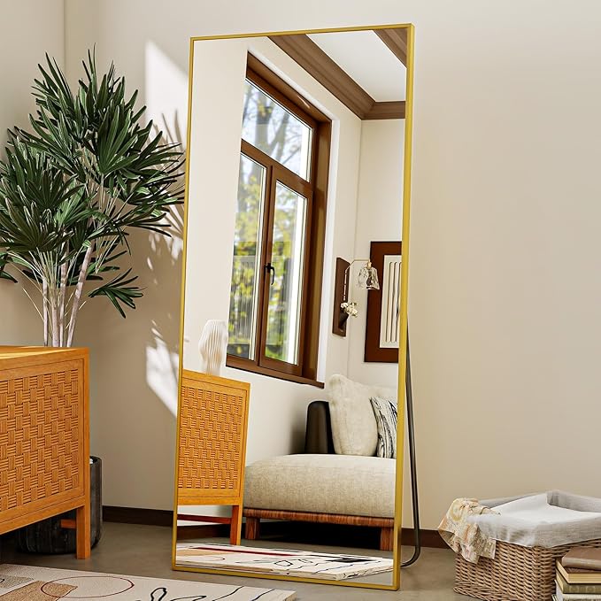 VooBang Mirror Full Length - 21" x 57" Floor Mirror with Stand, Aluminum Alloy Frame Full Body Mirror, Standing Hanging or Leaning Against Wall for Bedroom and Living Room, Gold
