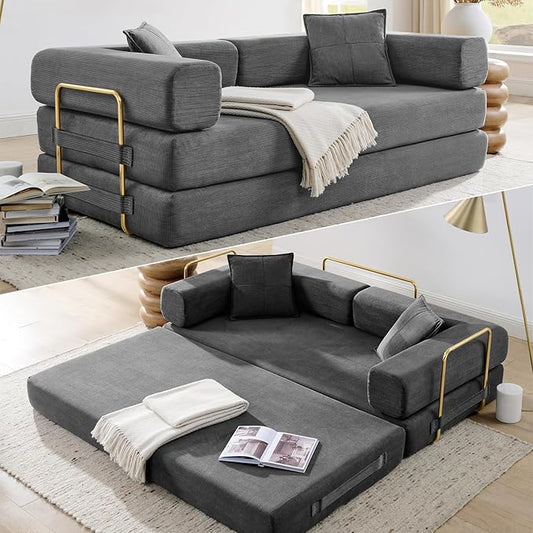 HANXIN Convertible Sleeper Sofa Bed, 78 Inch Folding Floor Mattress Couch with Fixed-Shape Frame, Futon Boneless Couch Lounge Loveseat with Pull Out Bed, No Assembly Required, Grey