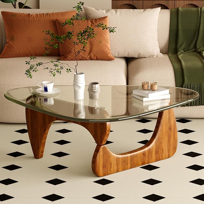 Coffee Table for Living Room Mid Century Modern Center Table with Glass Top,32 Inch, Walnut Transparent
