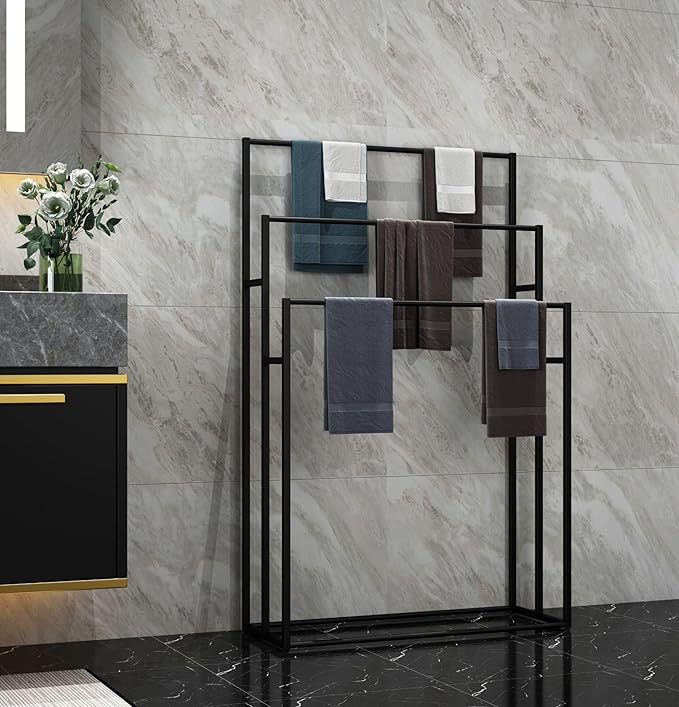 3 Tier Standing Towel Rack - Extra Wide Large Bathroom Towel Stand, Heavy-Duty Metal Towel Drying Rack for Poolside (Matte Black, 37.4” Wide)