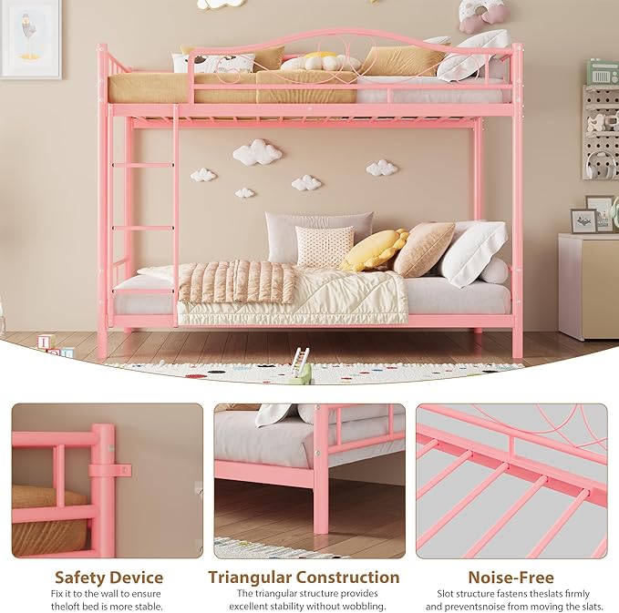IDEALHOUSE Bunk Bed Twin Over Twin with Ladder & Full Safety Guardrail, Heavy Duty Metal Twin Over Twin Bunk Bed 400 Lbs Load Capacity, Space-Saving, Noise Free, No Box Spring Needed, Easy Assembly, P