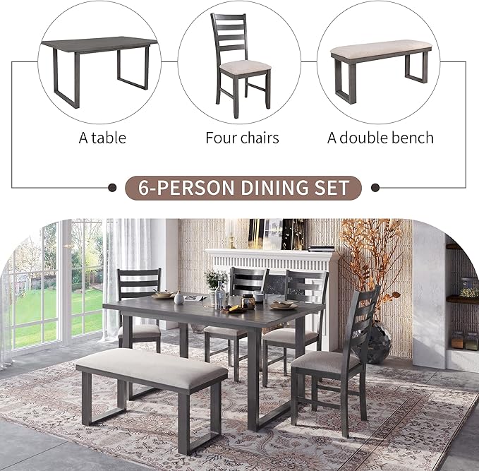 Harper & Bright Designs 6 Piece Kitchen Dining Table Set Wooden Rectangular Dining Table Set for 6, Solid Wood Dining Room Set with Rectangular Table & 4 Chairs with Bench(Gray) ST000055AAE-MZJ