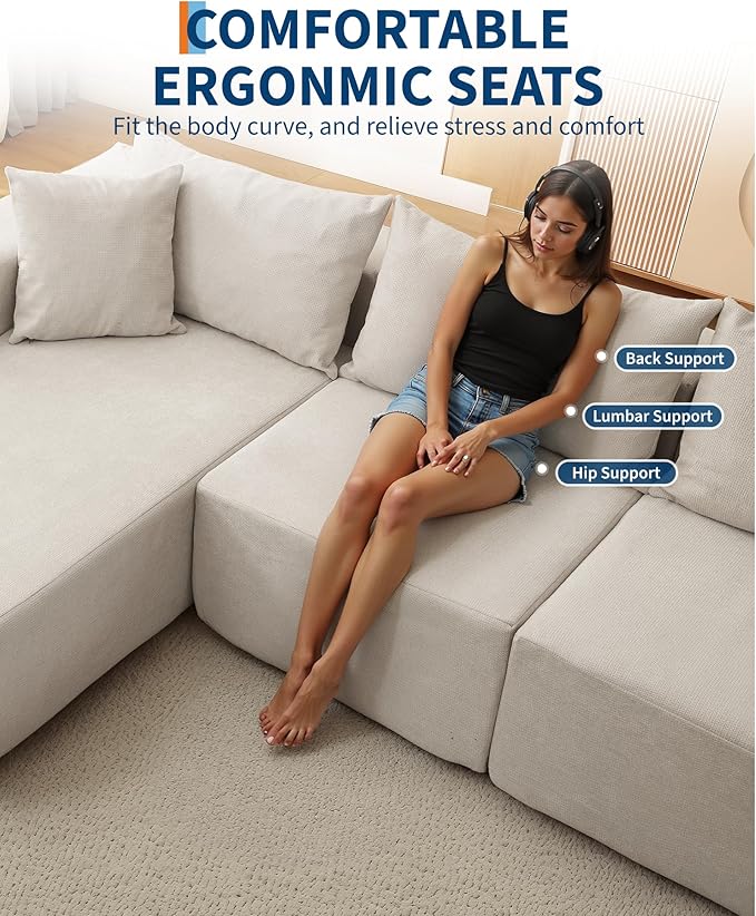 Garvee 108" Modular Sectional Sofa,Cloud Couch Sectional with Left Chaise | Compressed l Shaped Sofa for Living Room | Boneless Couch & Sofa Bed Design,No Assembly Required, Beige