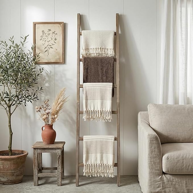 Wooden Blanket Ladder - Natural & Motley Wood - Leaning Wall Decor for Bedroom, Bathroom, Living Room - Rustic Quilt Holder & Towel Rack (Burnt Brown, 76in（6-Tier）)